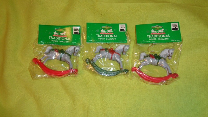 Vintage 3 Plastic Dappled rocking horse ornaments 1970's era. New, never used!