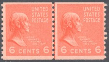 Scott 846, the 6¢ John Quincy Adams - Prexie - MNH Coil Line Pair