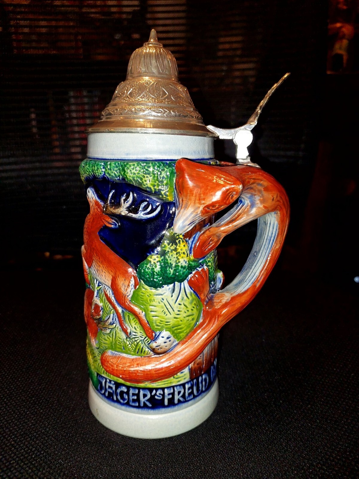 Vintage German Beer Stein Fox Handle JAGER'S FREUD DIE GRUNE HEID eBay
