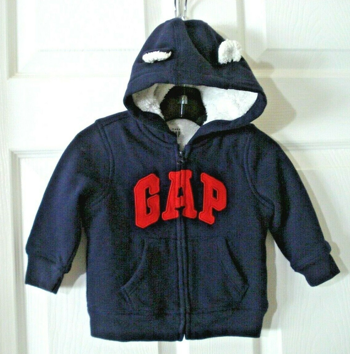Baby Gap Infant Fleece Lined Hoodie Navy Blue Red White Ears 6-12 Months NEW