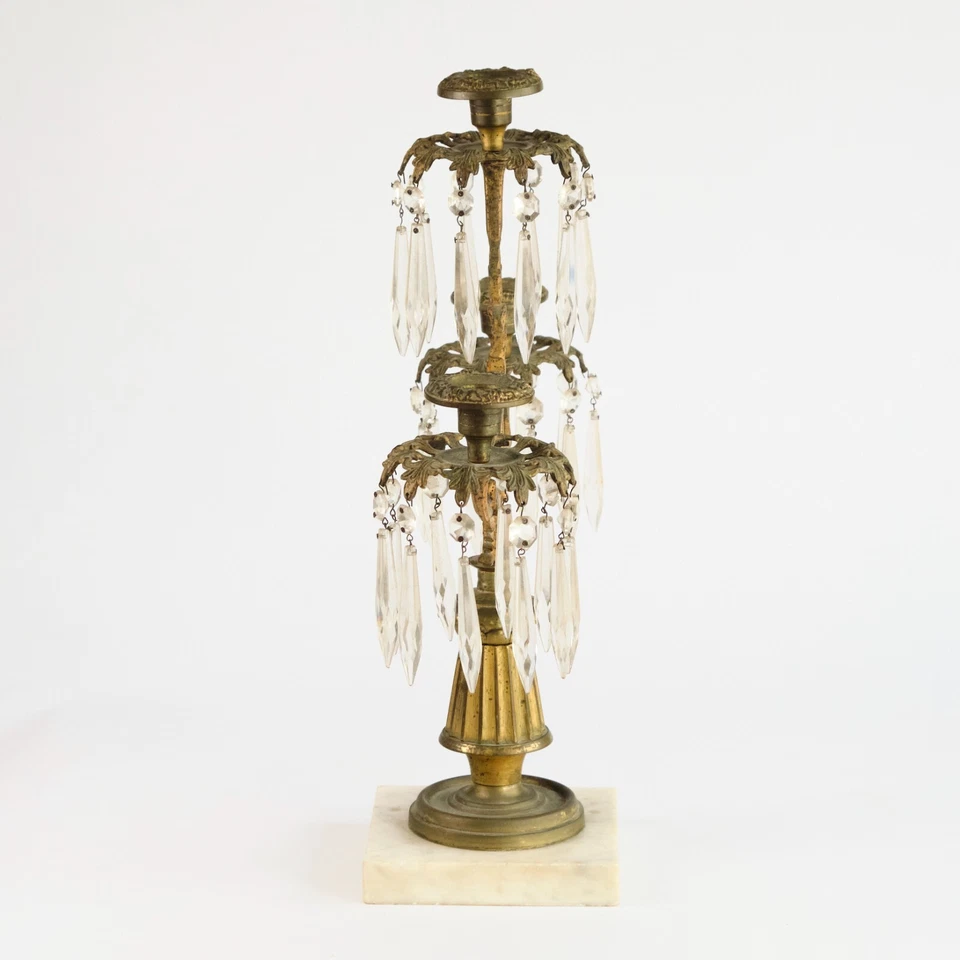 Antique Gilt Brass Candleabra w/ Drop Crystals Three Arm Candle Candleholder - Image 3 of 4