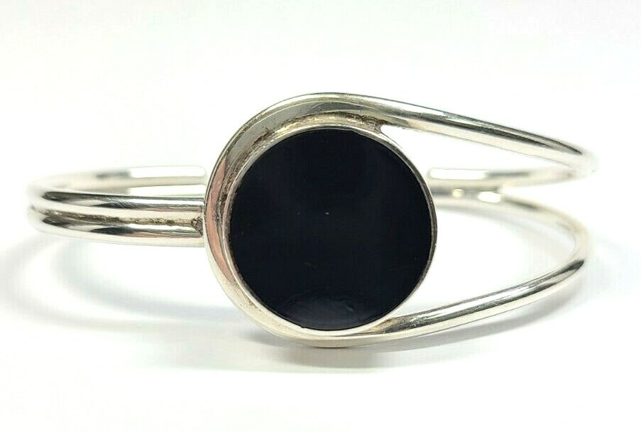 Vintage Sterling Silver Round Onyx Bangle Bracelet 6 3/4