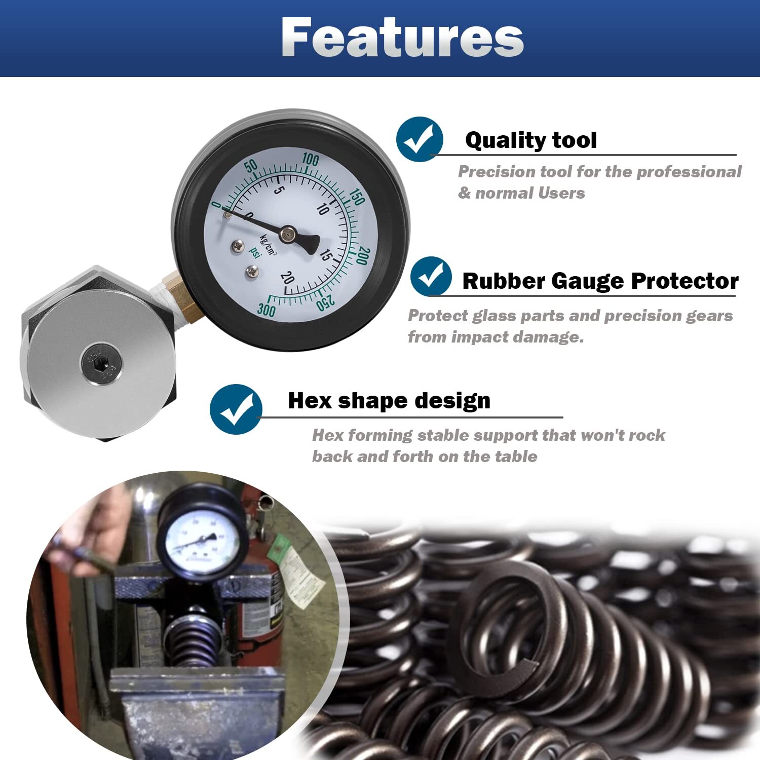 0-300 PSI 66835 Universal Mini Valve Spring Pressure Tester Gauge 0-20 kg/cm2