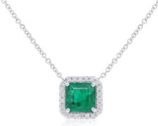 3.02CT DIAMOND  AAA EMERALD 14K WHITE GOLD SQUARE  ROUND OCTAGON HALO NECKLACE