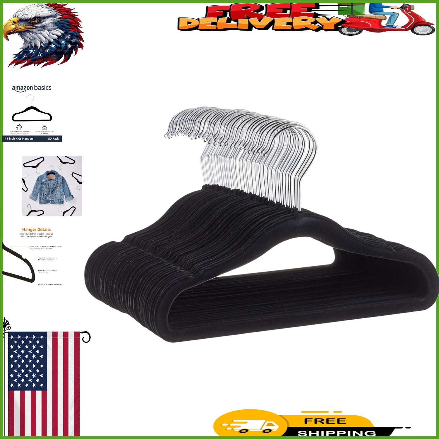 50-Pack Black Velvet Non-Slip Baby Clothes Hangers with Triangle Design  -image