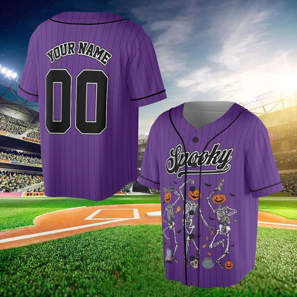 Personalized Dancing Skeleton Baseball Jersey, Spooky Season Jersey Pumpkin Men