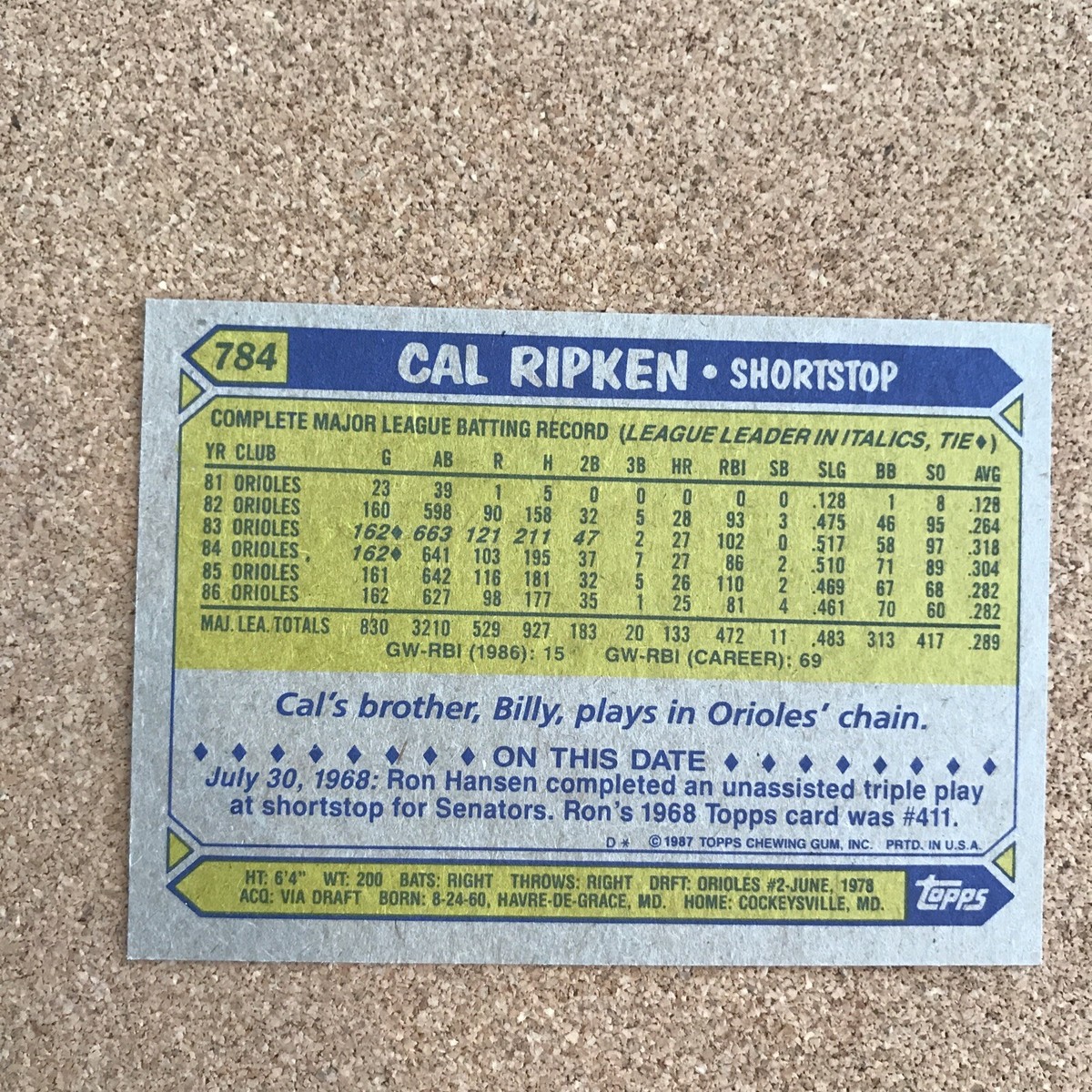 1987 Topps #784 Cal Ripken Error card - Red Moon MINT | eBay
