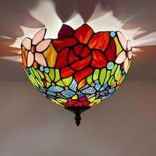 Tiffany Style Ceiling Lights Fixture Stained Glass Rose Flowers 8"H 12"W 12"D