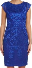 SUE WONG 0 Sapphire Blue Embroidered Cocktail Formal Evening Sheath Dress