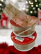 Set Of 2 Gold Glitter Snowflake Satin Wired Edge Ribbon 1.5  x 30 Ft Christmas