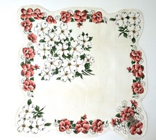 VINTAGE HANKY 1950s FLORAL DOGWOOD PINK WHITE GREEN NEW DESCO TAG RUFFLED EDGE