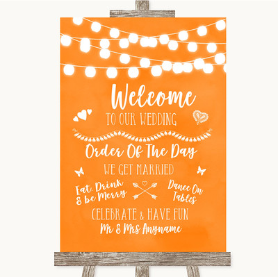 Orange Aquarell Lichter Willkommen Tagesordnung personalisiert Hochzeit Schild