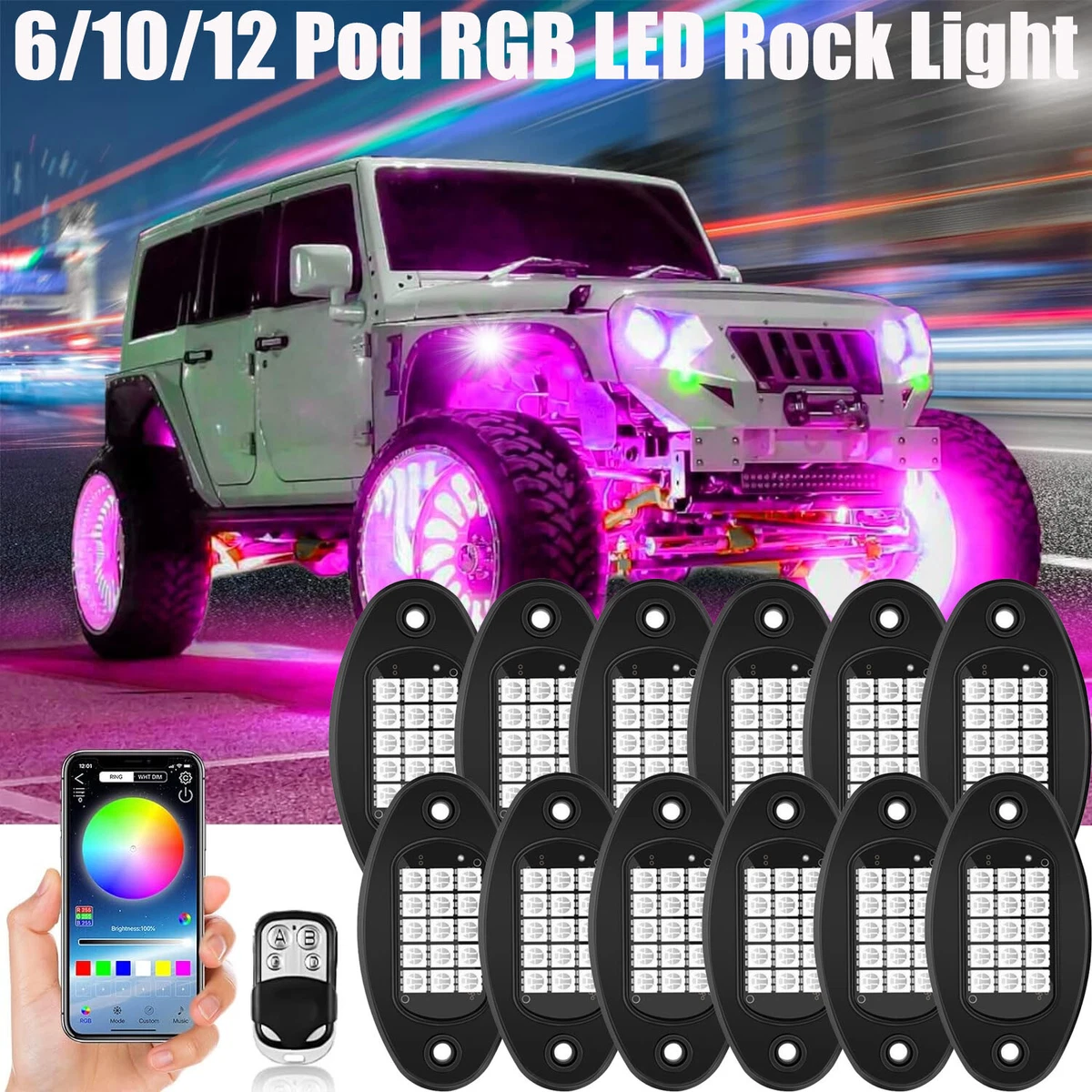 6 12x RGB LED Rock Light Kits Car Neon Underglow Lights Waterproof