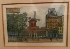 Vintage Antique Etching Moulin Rouge Music Hall Cabaret Red Windmill Paris