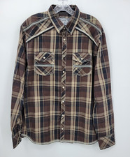 BKE Buckle Shirt Mens Large Brown Plaid Pearl Snap Western Stitched Rockabilly