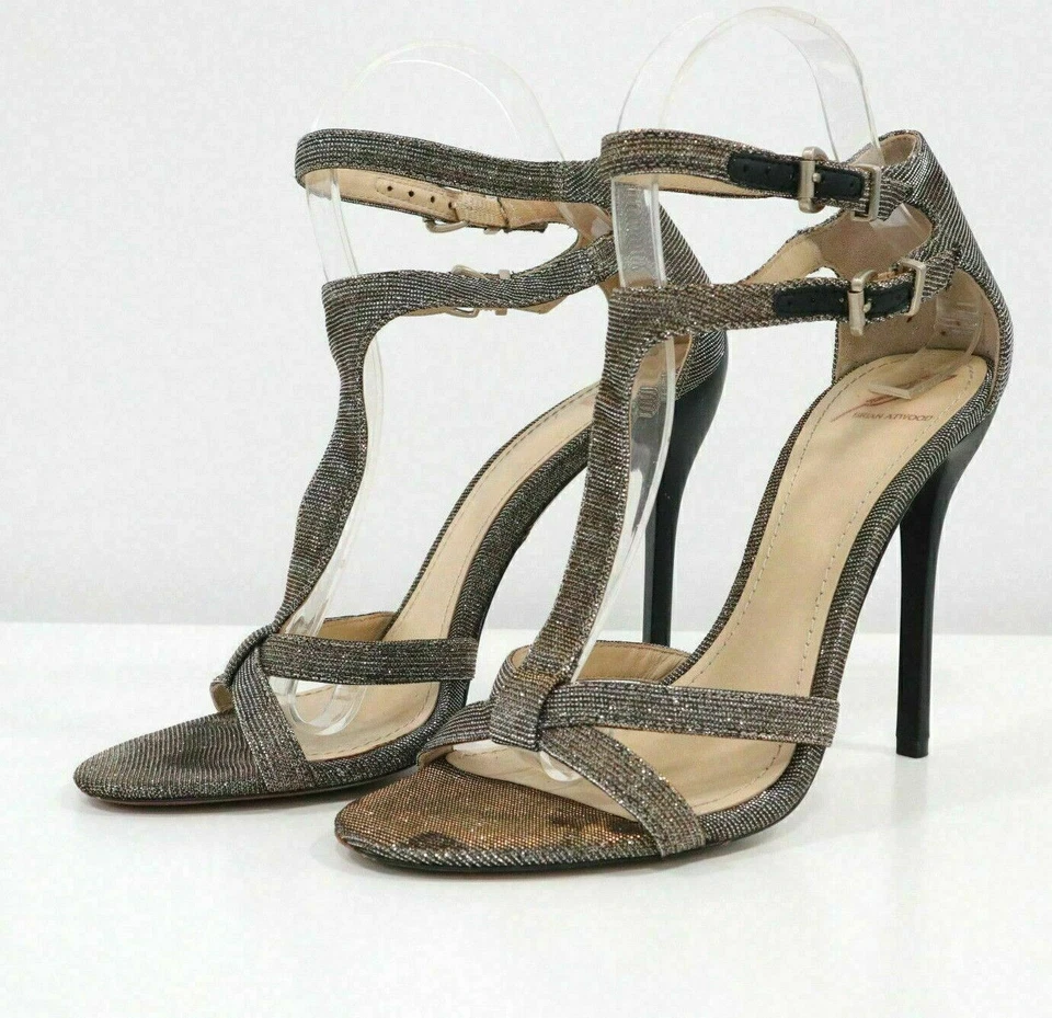 Sandalias Brian Atwood para mujer correa en T tacón alto 7,5/38 Laetitia brillo metálico Foto 3 de 4