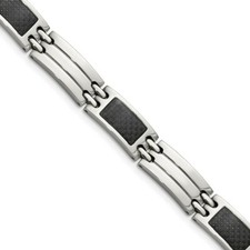 Stainless Steel Brushed  Polished Black Carbon Fiber Inlay 8.5in Bracelet
