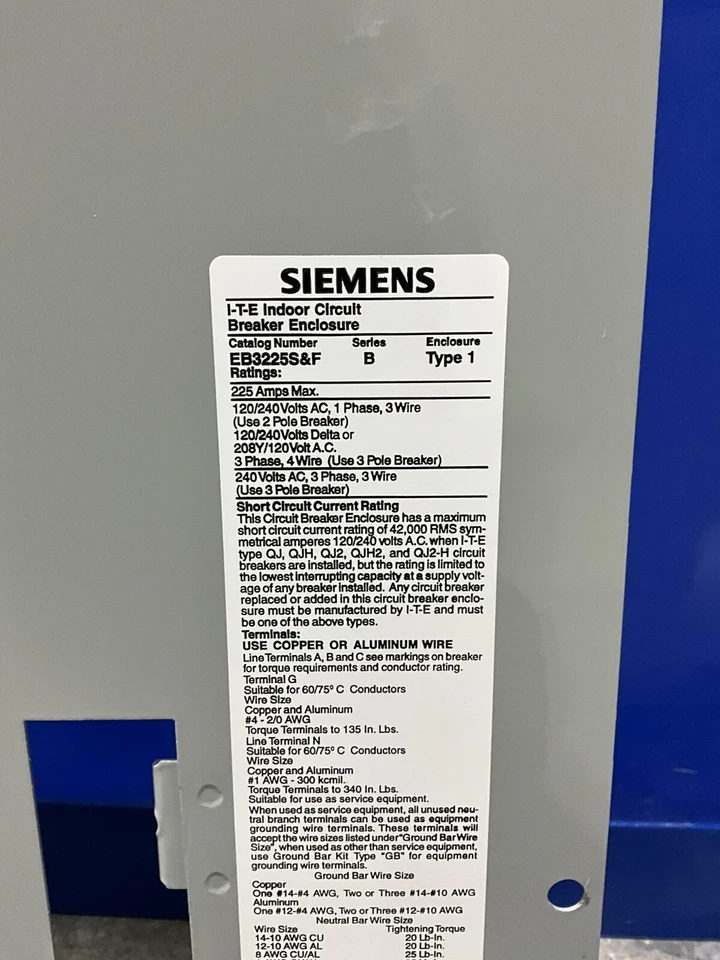 ITE Siemens EB3225S&F 225Amp 208Y/120V Indoor Circuit Breaker 3P 4W🟦 - Image 2 of 4
