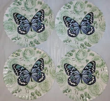 Set 4 BUTTERFLY & ROSES Rachel Zoe 10.75” Melamine Dinner Plates Indoor Outdoor