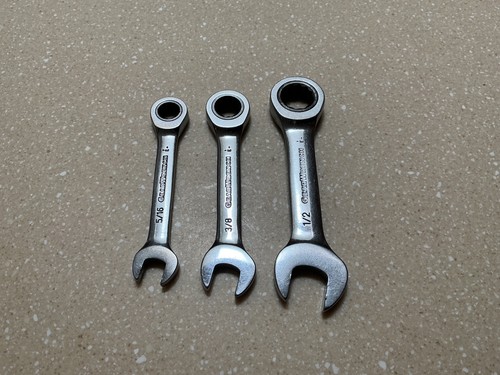 stubby SAE ratcheting combination wrenches, (3) 1/2”, 3/8”, 5/16”, Gearwrench