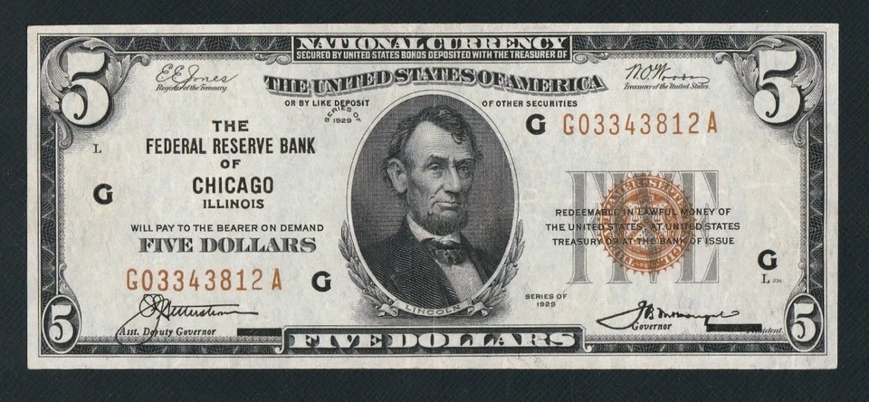 GORGEOUS CHICAGO 1929 $5 NATIONAL CURRENCY NOTE. NO PINHOLES OR TEARS - Image 2 of 3