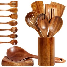 Wooden Spoons for Cooking, 9-Piece Natural Teak Wooden Kitchen Utensil Set Co...