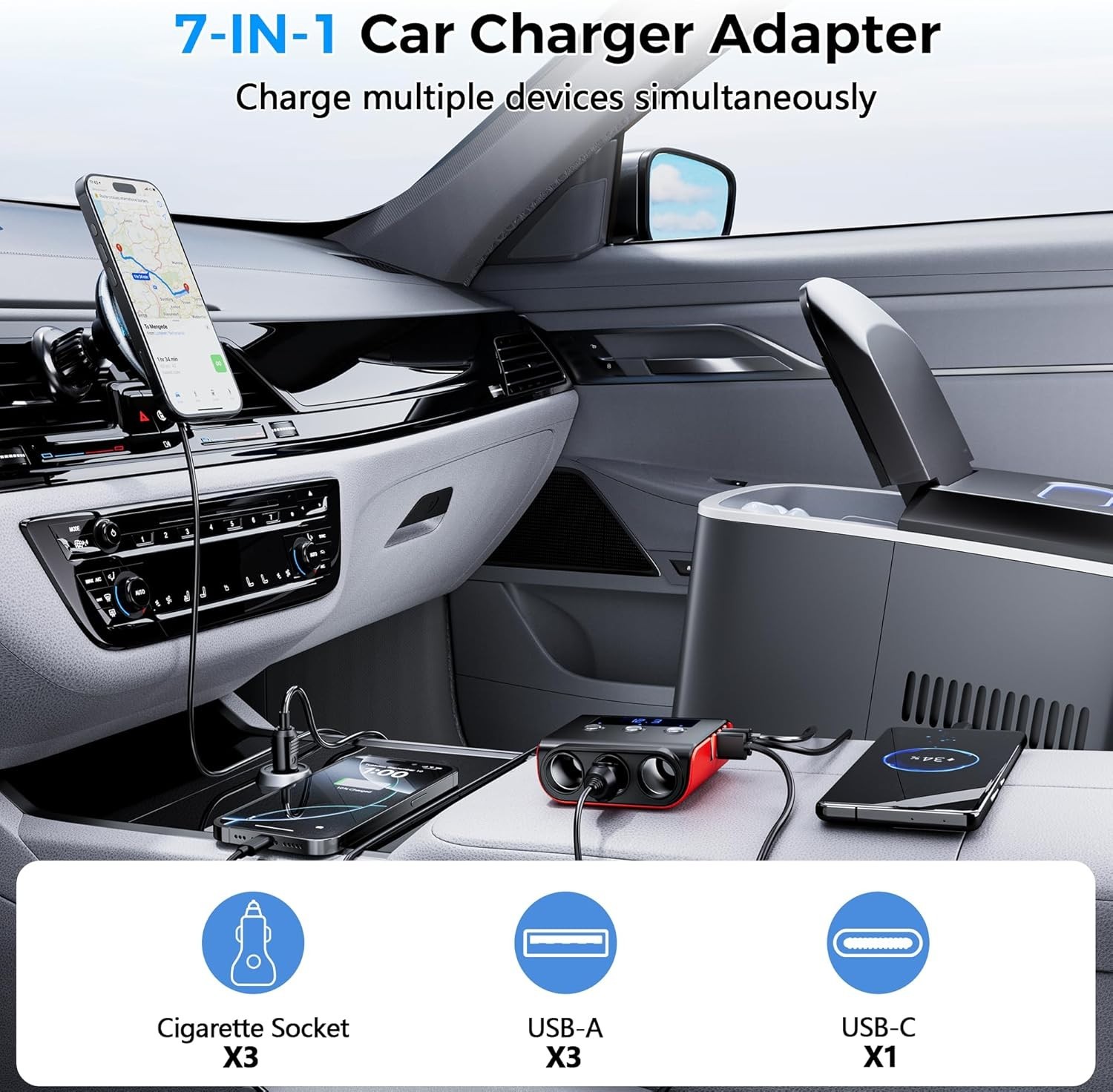 Sdoppiatore Caricabatteria Auto 7 in 1 180W con Porte di Ricarica Rapida Pd & Qc3.0 - Miniatura 8