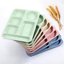 8 Pack Unbreakable Divided Food Plates, 14 Inch Wheat Straw Tray, 5 Compartme...
