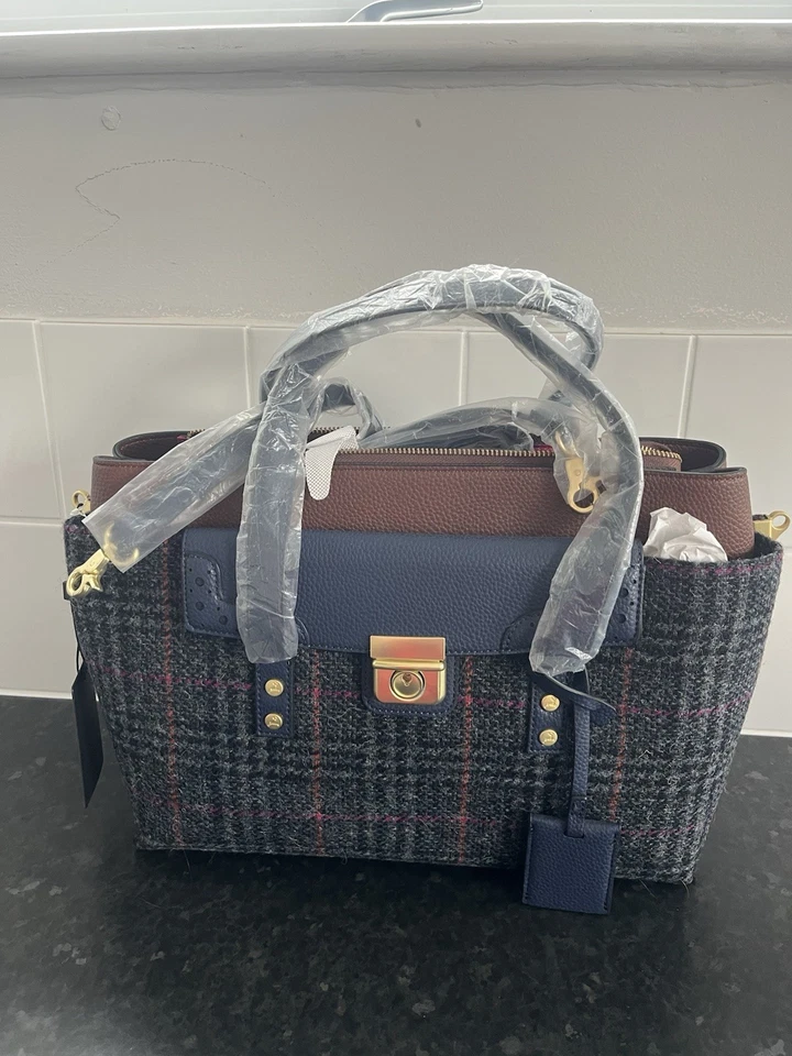 Harris Tweed Rodel Lock Tote Bag Navy Blue New With Tags - Image 2 of 4
