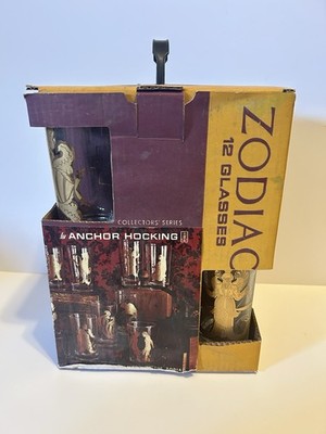 Vintage Anchor Hocking Zodiac Glasses Set - 12 UNUSED with Original Box