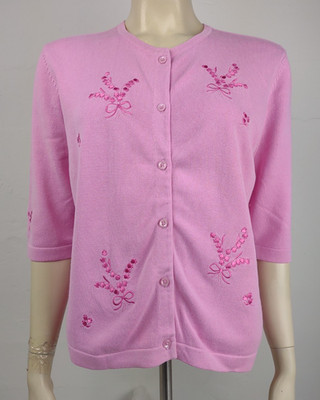 VTG Lilly Pulitzer pink embroidered half sleeve cardigan sweater ladies Medium