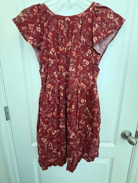 Old Navy Floral Short Sleeve Dress Dark Red V-Neck Casual Women's Medium - Image 3 of 3