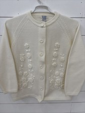 Vintage Sears Grandma Floral Hand Knit Cardigan Sweater Size Large White 70  s