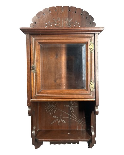 19thC Antique VICTORIAN Era EASTLAKE Old CARVED Flower WALNUT Wall CURIO CABINET