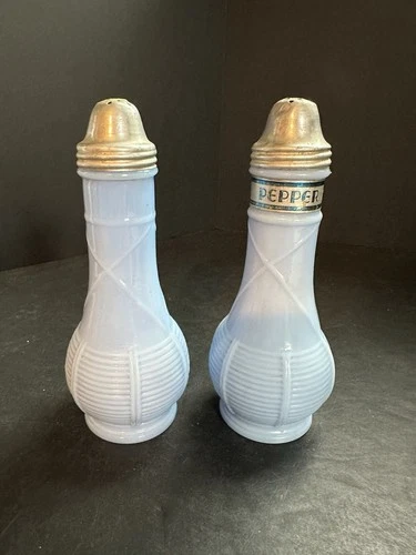 Vintage Blue Milk Glass Salt & Pepper Shakers Ribbed Barrel Shape Metal Lids
