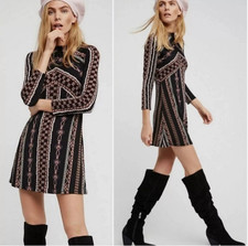 Free People Stella Mini Dress Women's XS Black Long Sleeve Boho Mock neck