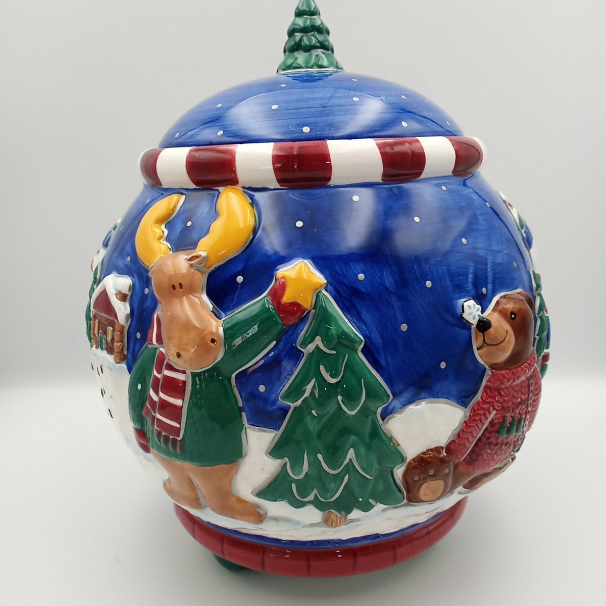 St. Nicholas Square Winter Friends Cookie Jar, Snowman, cabin, moose, 10 1/2" T