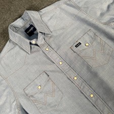 Vintage Wrangler Men Short Sleeve Western Pearl Snap Shirt Chambray XL 4391