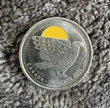 2011 Canada Yellow Art Colored Quarter Twenty-Five Cents Coin.