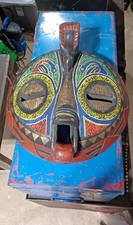 Vintage African Beaded Round Mask Hand Carved Wood Brass Bird Tribal Wall Art