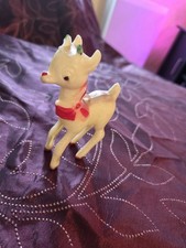 Vintage Reindeer Celluloid Painted Christmas Figurine Red Collar 4 Inch