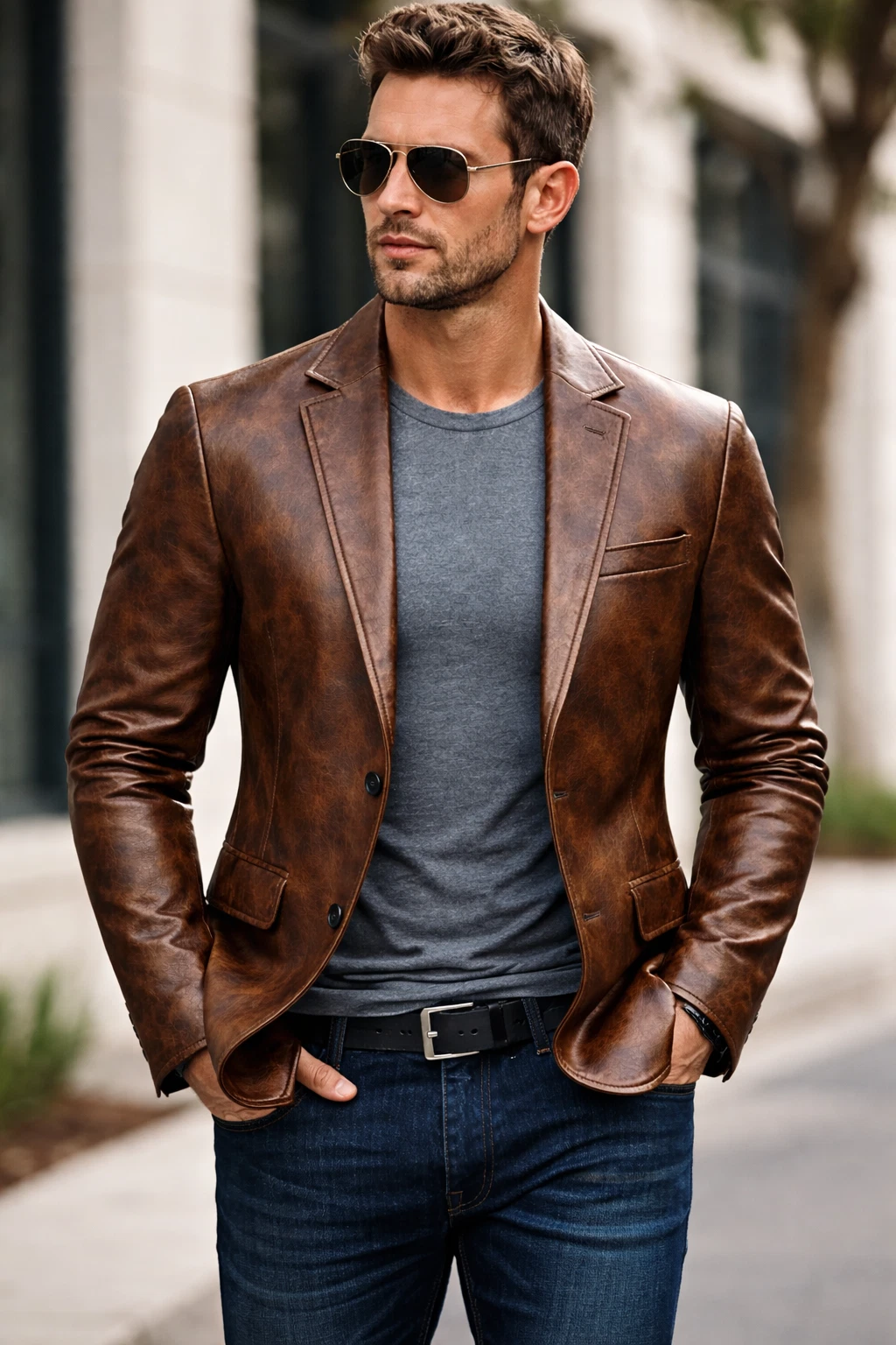 Men’s Brown Distressed Leather Blazer Jacket – Real Leather Slim Fit Casual Coat