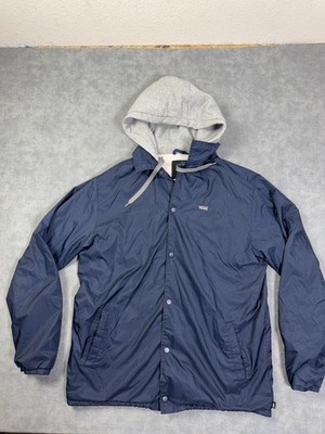 Vans Jacket Mens XL Blue Hooded Nylon Fleece Lined Snap Windbreaker Pockets
