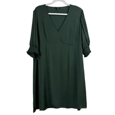 Quince Women's Green Silk Blend V Neck Smocked Sleeve Mini Dress XL