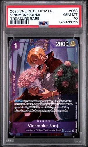 PSA 10 VINSMOKE SANJI ONE PIECE OP12 LEGACY OF THE MASTER TREASURE RARE OP10-063