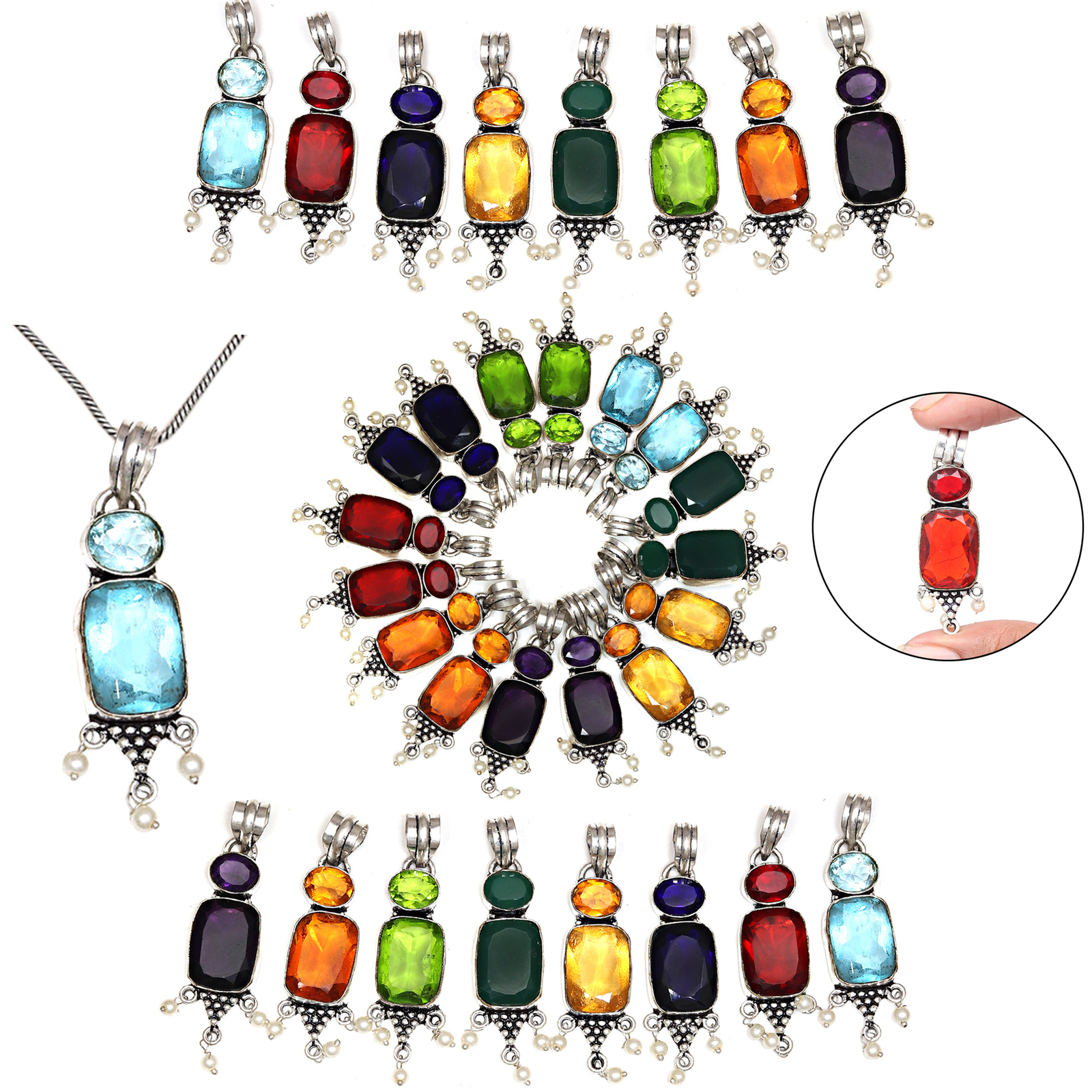 10pcs Multicolor Gemstone Silver Pendant Jewelry for Women
