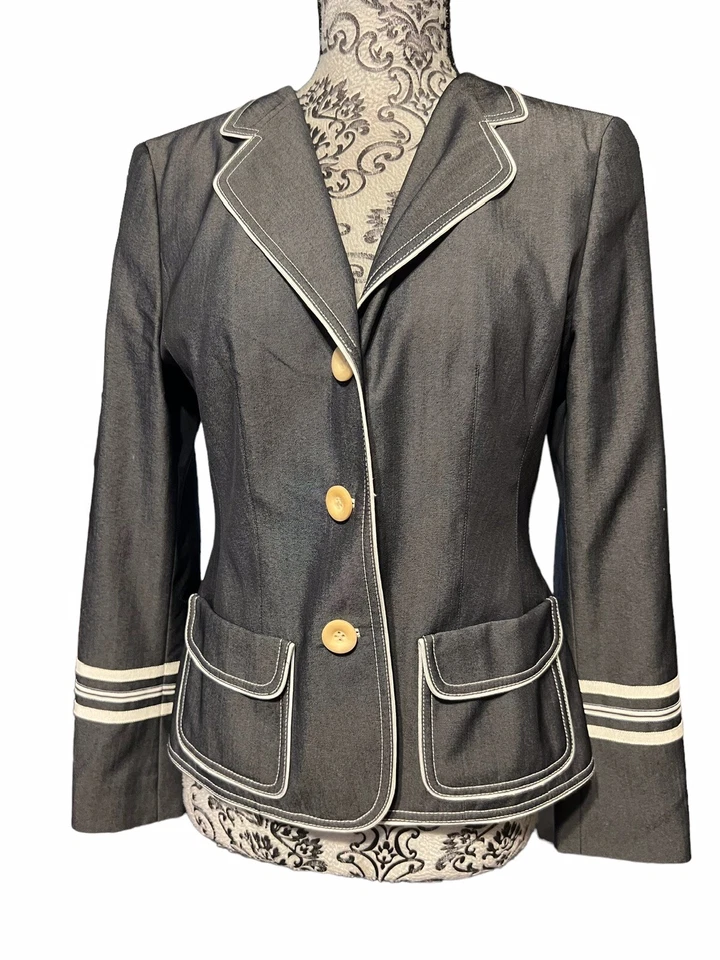 Chaqueta Blazer Worth Mujer Talla 8P Pequeña Mezcla Lana Gris/Blanco Sin Cuello Foto 2 de 4