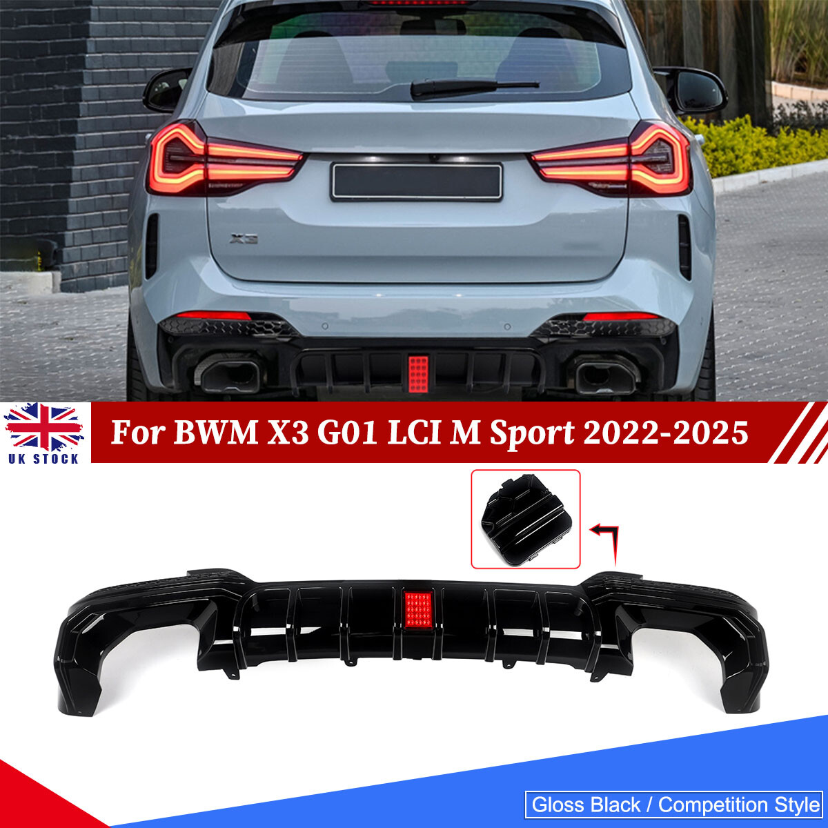For 2021+ BMW X3 G01 M40i M Performance Rear Bumper Diffuser W/Light Gloss Black