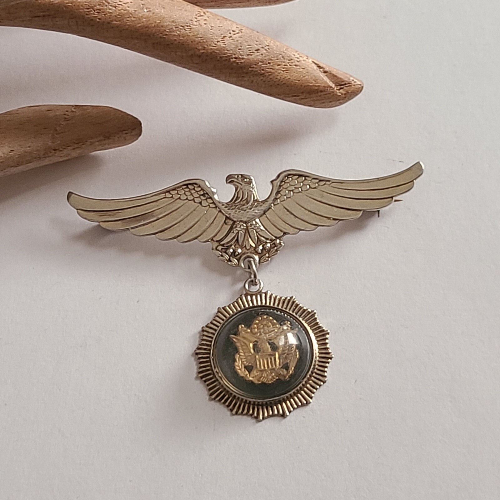 RARE WW2 STERLING SILVER US ARMY EAGLE DANGLE SWEETHEART BROOCH STAMPED ...