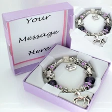 Girls Horse Pony Bracelet PERSONALISED BOX Purple Beads Birthday Gifts FREEPOST